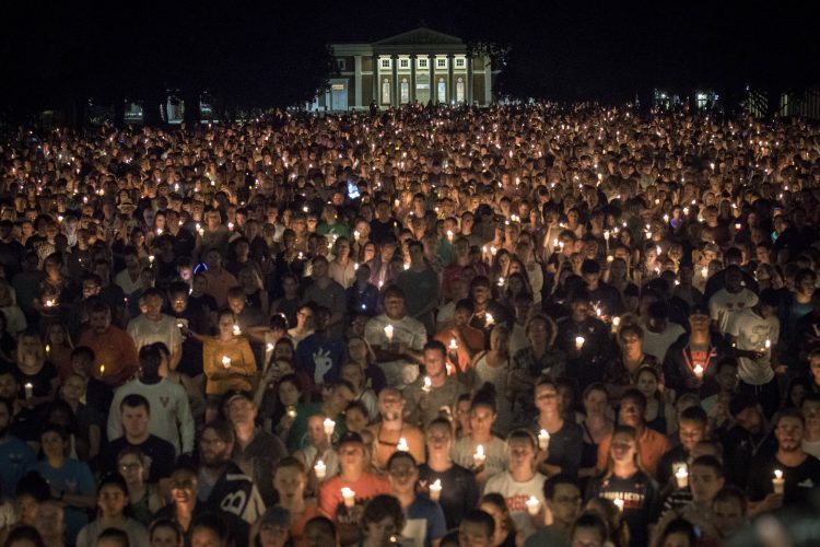 Hundreds of people gather together on UVA Grounds in a stand against hatred and bigotry
